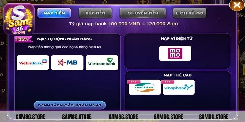 Nạp tiền Sam86 qua ngân hàng đảm bảo giao dịch luôn an toàn